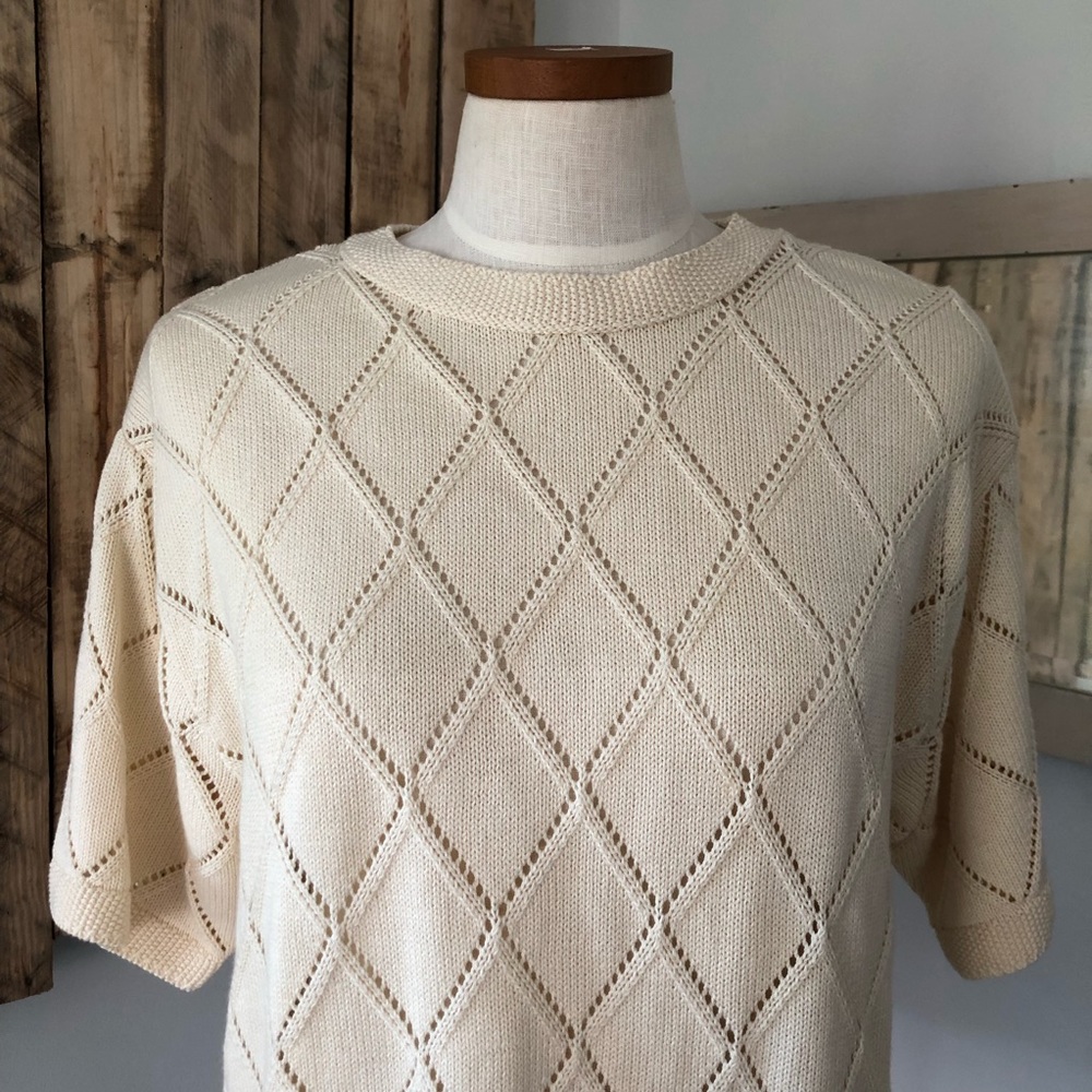 🎉HOST PICK🎉Vintage LL Bean Short Sleeve Sweater Cream Cotton Open Diamon…